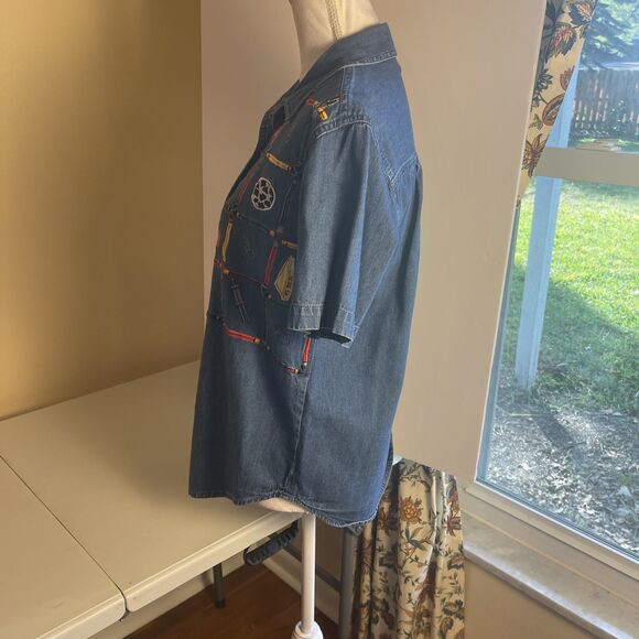 VTG Teacher School Novelty Embellished Womens Top Sz M Denim Y2K Button Up Cute - Picture 12 of 15
